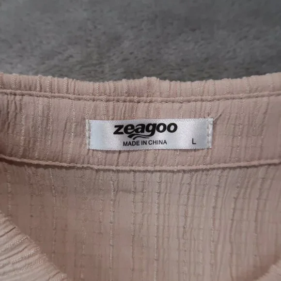 Zeagoo Shirt Womens L Cream Blouse Button Down Collared Short Sleeve Cuffed Hem - Picture 7 of 12